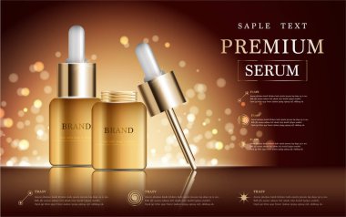 Yıllık satış veya festival Satılık yüz serum nemlendirici. -mavi ve altın serum maskesi şişe Glitter parçacıklar arka plan üzerinde izole. Zarif kozmetik reklamları, illüstrasyon.