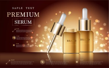 Yıllık satış veya festival Satılık yüz serum nemlendirici. -mavi ve altın serum maskesi şişe Glitter parçacıklar arka plan üzerinde izole. Zarif kozmetik reklamları, illüstrasyon.