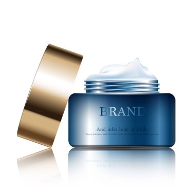 Yıllık indirimli yüz kremi ya da festival satışı için. Işıltılı parçacıkların arka planında izole edilmiş mavi ve altın serumlu maske şişesi. Zarif kozmetik reklamları, illüstrasyon.