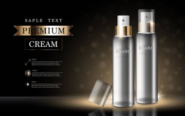 Yıllık indirimli yüz kremi ya da festival satışı için. Işıltılı parçacıkların arka planında izole edilmiş altın serumu maskesi şişesi. Zarif kozmetik reklamları, illüstrasyon.