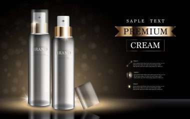 Yıllık indirimli yüz kremi ya da festival satışı için. Işıltılı parçacıkların arka planında izole edilmiş altın serumu maskesi şişesi. Zarif kozmetik reklamları, illüstrasyon.