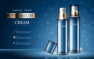 Yıllık indirimli yüz kremi ya da festival satışı için. Işıltılı parçacıkların arka planında izole edilmiş altın serumu maskesi şişesi. Zarif kozmetik reklamları, illüstrasyon.