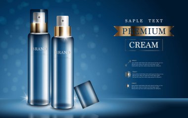 Yıllık indirimli yüz kremi ya da festival satışı için. Işıltılı parçacıkların arka planında izole edilmiş altın serumu maskesi şişesi. Zarif kozmetik reklamları, illüstrasyon.