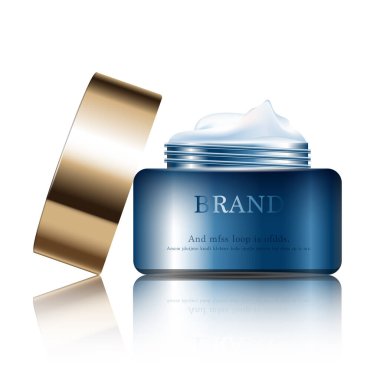 Yıllık indirimli yüz kremi ya da festival satışı için. Işıltılı parçacıkların arka planında izole edilmiş altın serumu maskesi şişesi. Zarif kozmetik reklamları, illüstrasyon.