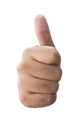Beyaz arka planda izole edilmiş yakın plan bir adamın baş parmağı. Konsept hayranlığı, Mükemmel, Güzel. Mesaj için alan.