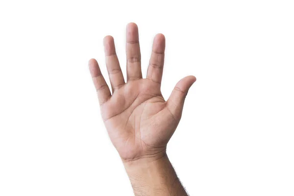 特写镜头的男人的手善意的手势 张开张开的手 展示着五个手指 伸出在白色背景隔离的问候语复制空间中 案文的篇幅 — 图库照片