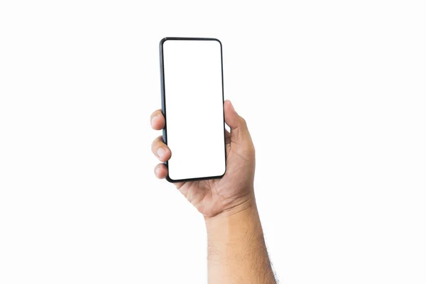 Mão Masculina Segurando Smartphone Preto Com Tela Branco Design Moderno — Fotografia de Stock