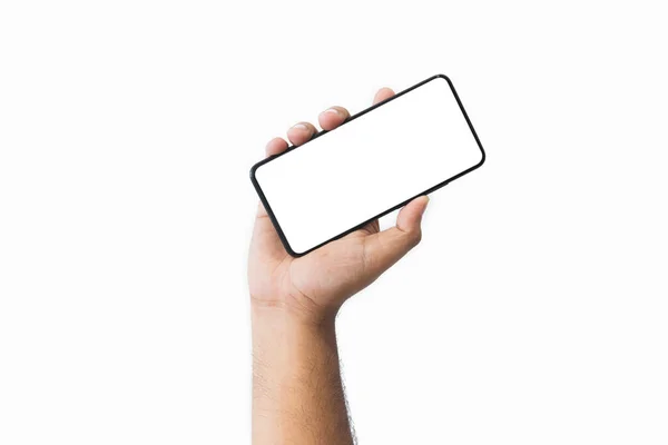 Man Hand Håller Svart Smartphone Med Tom Skärm Och Modern — Stockfoto
