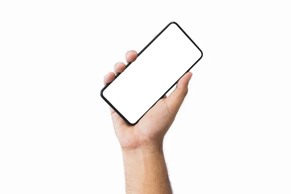 스마트폰을 현대적 프레임워크없는 디자인 위치가 하얀색 배경에 분리되어 전화를 사람의 — 스톡 사진