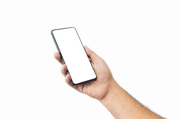 Male Hand Holding Black Smartphone Blank Screen Modern Frameless Design — Stock Photo, Image