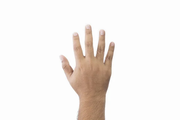 特写男人的手背善意的手势 张开张开的手 展示着五个手指 伸出在白色背景隔离的问候语复制空间中 案文的篇幅 — 图库照片