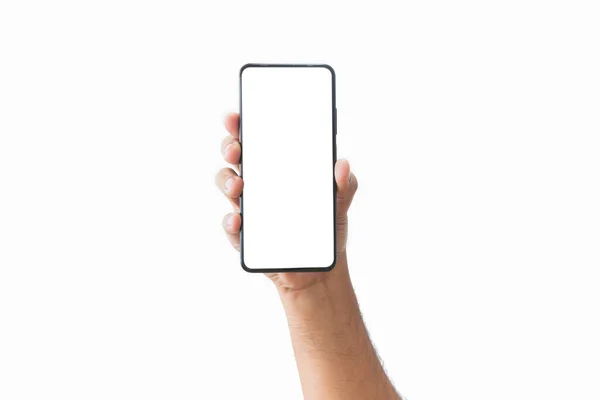 스마트폰을 현대적 프레임워크없는 디자인 위치가 하얀색 배경에 분리되어 전화를 사람의 — 스톡 사진