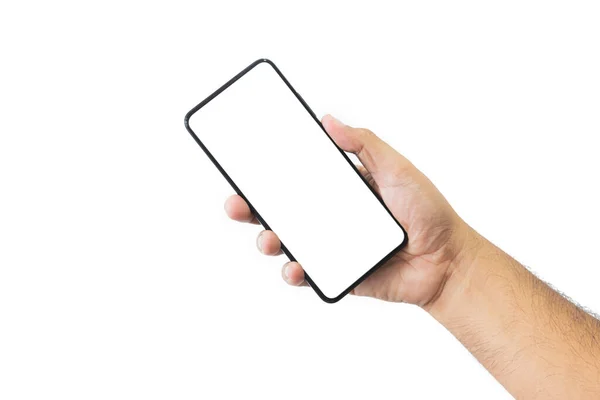 Man Hand Håller Svart Smartphone Med Tom Skärm Och Modern — Stockfoto