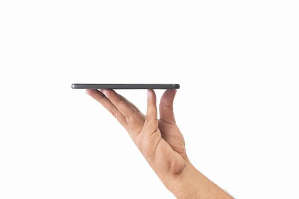 Mężczyzna Trzyma Czarny Smartfon Pustym Ekranem Nowoczesną Konstrukcją Bez Ramki — Zdjęcie stockowe