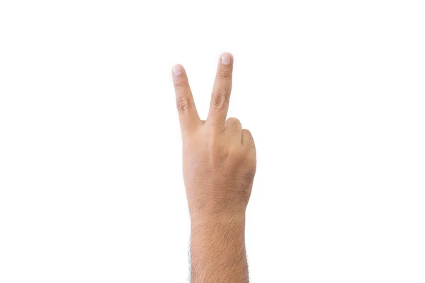 密室の男の手の後ろ 2本の指を示す開いた伸展した手は 2番目の指を意味し 白い背景に隔離されたグリーティングコピー空間で拡張される テキストのスペース — ストック写真