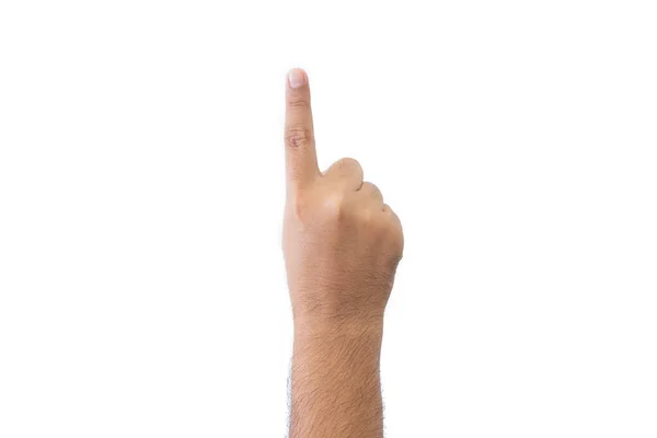 密室の男の手の後ろ 1本の指を示す開いた伸展した手は 1番目の指を意味し 白い背景に隔離されたグリーティングコピー空間で延長される テキストのスペース — ストック写真