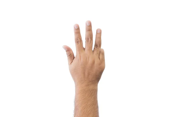特写男人的手背 张开伸出的手 显示5个手指表示9号 伸出在白色背景隔离的问候语复制空间中 案文的篇幅 — 图库照片