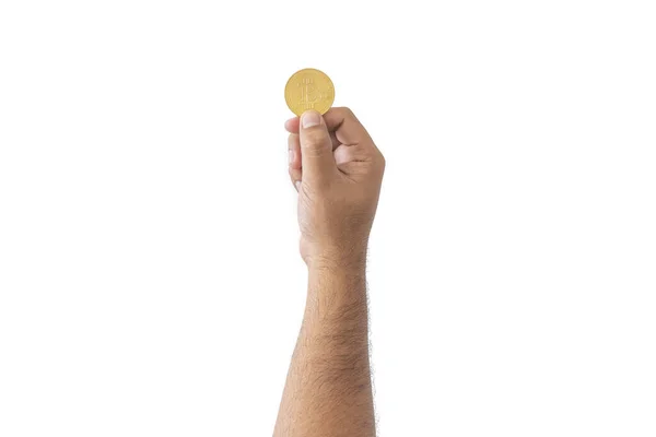 Close Hand Man Holding Crypto Coin Copy Space Isolated White — Stock Photo, Image