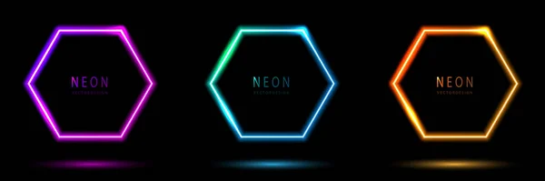Set Med Glödande Neon Hexagon Belysning Linjer Rosa Lila Blå — Stock vektor