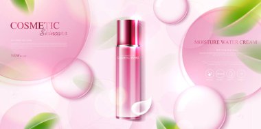 Kozmetik ürünleri ya da cilt bakım ürünleri reklamları. Üstünde şişe olan reklamlar, güzellik ürünleri için afişler, yapraklı pembe renkli arka plan. vektör tasarımı.