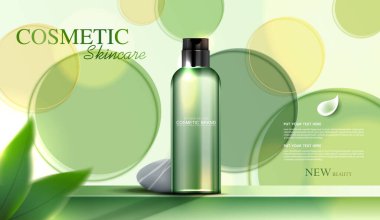 Şişeli kozmetik ürünleri veya cilt bakım ürünleri reklamları, güzellik ürünleri için afişler, yeşil arka planda ambalaj sunumu için yuvarlak cam diskler. vektör tasarımı.