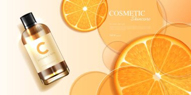 Kozmetik C vitamini ya da şişeli cilt bakım ürünü reklamları, gerçekçi paket modeli. Güzellik ürünleri ve turuncu arka plan afişi. vektör tasarımı.