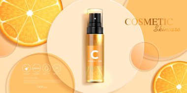 Kozmetik C vitamini ya da şişeli cilt bakım ürünü reklamları, gerçekçi paket modeli. Güzellik ürünleri ve turuncu arka plan afişi. vektör tasarımı.