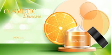 Kozmetik C vitamini ya da şişeli cilt bakım ürünü reklamları, gerçekçi paket modeli. Güzellik ürünleri ve turuncu arka plan afişi. vektör tasarımı.