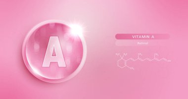 A vitamini pembe ve yapıyı bırakın. Vitamin çözeltisi kompleksi ve doğadan gelen kimyasal formül. Güzellik tedavisi, beslenme, cilt bakımı. Kozmetik için tıbbi ve bilimsel kavramlar. vektör.