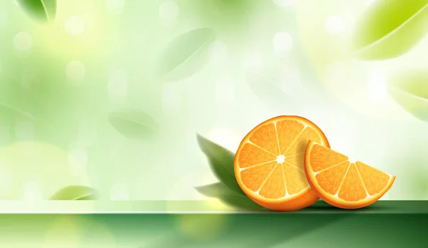 製品のプレミアム表彰台ディスプレイ上の緑の葉を持つジューシーなオレンジ フルーツジュース広告に適用されます ビタミンCやスキンケア ベクトルデザイン — ストックベクタ