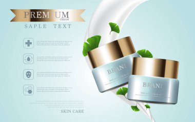 Yıllık satış ya da festival için yüz kremi nemlendirici. Yeşil ve altın rengi krema şişesi arka planda izole edilmiş. Zarif kozmetik reklamları, illüstrasyon.