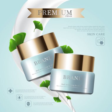 Yıllık satış ya da festival için yüz kremi nemlendirici. Yeşil ve altın rengi krema şişesi arka planda izole edilmiş. Zarif kozmetik reklamları, illüstrasyon.