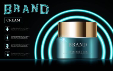 Yıllık indirimli yüz kremi ya da festival satışı için. Yeşil ve altın rengi maske şişesi yeşil ışıklı arka planda izole edilmiş. Zarif kozmetik reklamları, illüstrasyon.