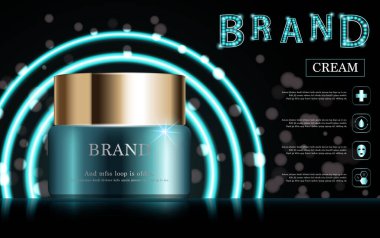 Yıllık indirimli yüz kremi ya da festival satışı için. Yeşil ve altın rengi maske şişesi yeşil ışıklı arka planda izole edilmiş. Zarif kozmetik reklamları, illüstrasyon.