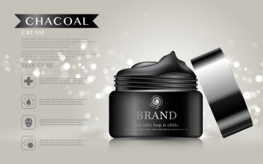 Yıllık indirimli yüz kremi ya da festival satışı için. Altın sarısı arka planda izole edilmiş siyah ve altın rengi maske şişesi. Zarif kozmetik reklamları, illüstrasyon.