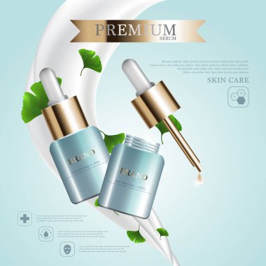 Yıllık satış ya da festival satışı için yüz sütü serumunu suluyorum. Yeşil ve altın serumlu maske şişesi süt arka planında izole edilmiş. Zarif kozmetik reklamları, illüstrasyon.