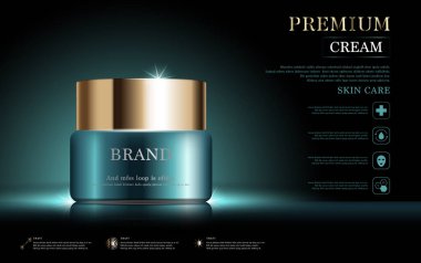 Yıllık indirimli yüz kremi ya da festival satışı için. Yeşil ve altın rengi maske şişesi altın sarısı arka planda izole edilmiş. Zarif kozmetik reklamları, illüstrasyon.