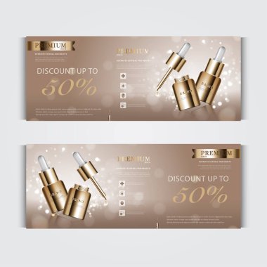 Yıllık satış ya da festival için hediye çeki kozmetik hidrasyon yüz kremi. Işıltılı parçacıkların arka planında izole edilmiş mavi ve altın serumlu maske şişesi. Zarif kozmetik reklamları, illüstrasyon.