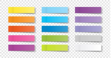 Renkli not kağıtları koleksiyonu ya da yapıştırmalar ya da şeffaf arkaplan üzerindeki mesajınız için kıvrımlı köşeli notlar. vektör tasarımı.