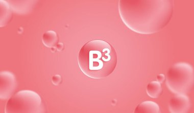 Su vitamini B3 'ü kırmızı ve yapılandırın. Vitamin çözeltisi kompleksi ve doğadan gelen kimyasal formül. Güzellik tedavisi, beslenme, cilt bakımı. Kozmetik için tıbbi ve bilimsel kavramlar. vektör.