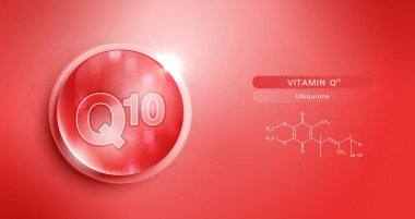 Su Q10 'u ve yapıyı bırak. Vitamin çözeltisi kompleksi ve doğadan gelen kimyasal formül. Güzellik tedavisi, beslenme, cilt bakımı. Kozmetik için tıbbi ve bilimsel kavramlar. vektör.