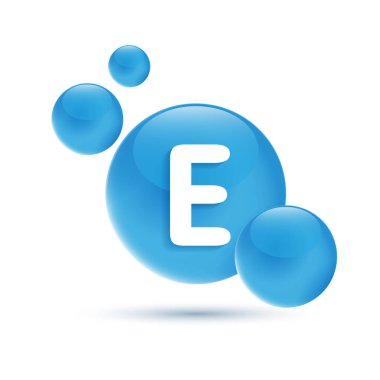 Su vitamini E vitamini mavi ve yapısını bırakın. Vitamin çözeltisi kompleksi ve doğadan gelen kimyasal formül. Güzellik tedavisi, beslenme, cilt bakımı. Kozmetik için tıbbi ve bilimsel kavramlar. vektör.