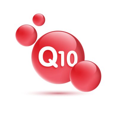 Su Q10 'u ve yapıyı bırak. Vitamin çözeltisi kompleksi ve doğadan gelen kimyasal formül. Güzellik tedavisi, beslenme, cilt bakımı. Kozmetik için tıbbi ve bilimsel kavramlar. vektör.