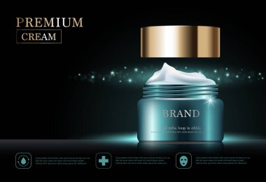 Yıllık indirimli yüz kremi ya da festival satışı için. Yeşil ve altın rengi maske şişesi altın sarısı arka planda izole edilmiş. Zarif kozmetik reklamları, illüstrasyon.