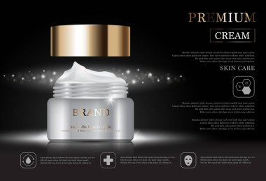 Yıllık indirimli yüz kremi ya da festival satışı için. Altın sarısı arka planda izole edilmiş beyaz ve altın rengi krema şişesi. Zarif kozmetik reklamları, illüstrasyon.