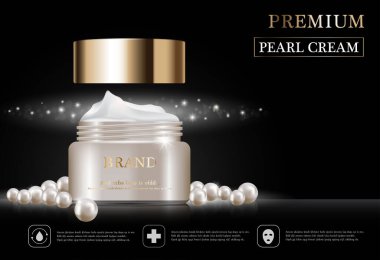 Yıllık indirimli yüz kremi ya da festival satışı için. Altın sarısı arka planda izole edilmiş beyaz inci ve altın rengi krema şişesi. Zarif kozmetik reklamları, illüstrasyon.