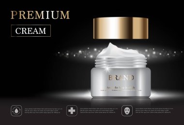 Yıllık indirimli yüz kremi ya da festival satışı için. Altın sarısı arka planda izole edilmiş beyaz ve altın rengi krema şişesi. Zarif kozmetik reklamları, illüstrasyon.