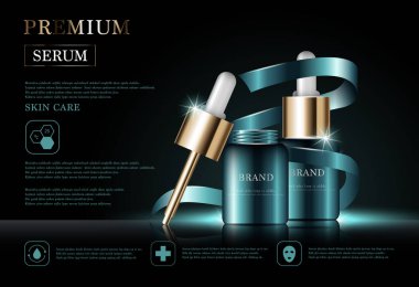 Yıllık ya da festival satışı için yüz serumunu suluyorum. Yeşil ve altın rengi maske şişesi altın sarısı arka planda izole edilmiş. Zarif kozmetik reklamları, illüstrasyon.