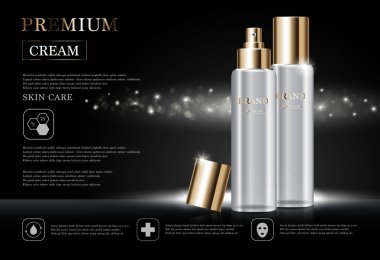 Yıllık indirimli yüz kremi ya da festival satışı için. Altın sarısı arka planda izole edilmiş beyaz ve altın rengi krema şişesi. Zarif kozmetik reklamları, illüstrasyon.