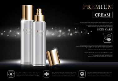 Yıllık indirimli yüz kremi ya da festival satışı için. Altın sarısı arka planda izole edilmiş beyaz ve altın rengi krema şişesi. Zarif kozmetik reklamları, illüstrasyon.